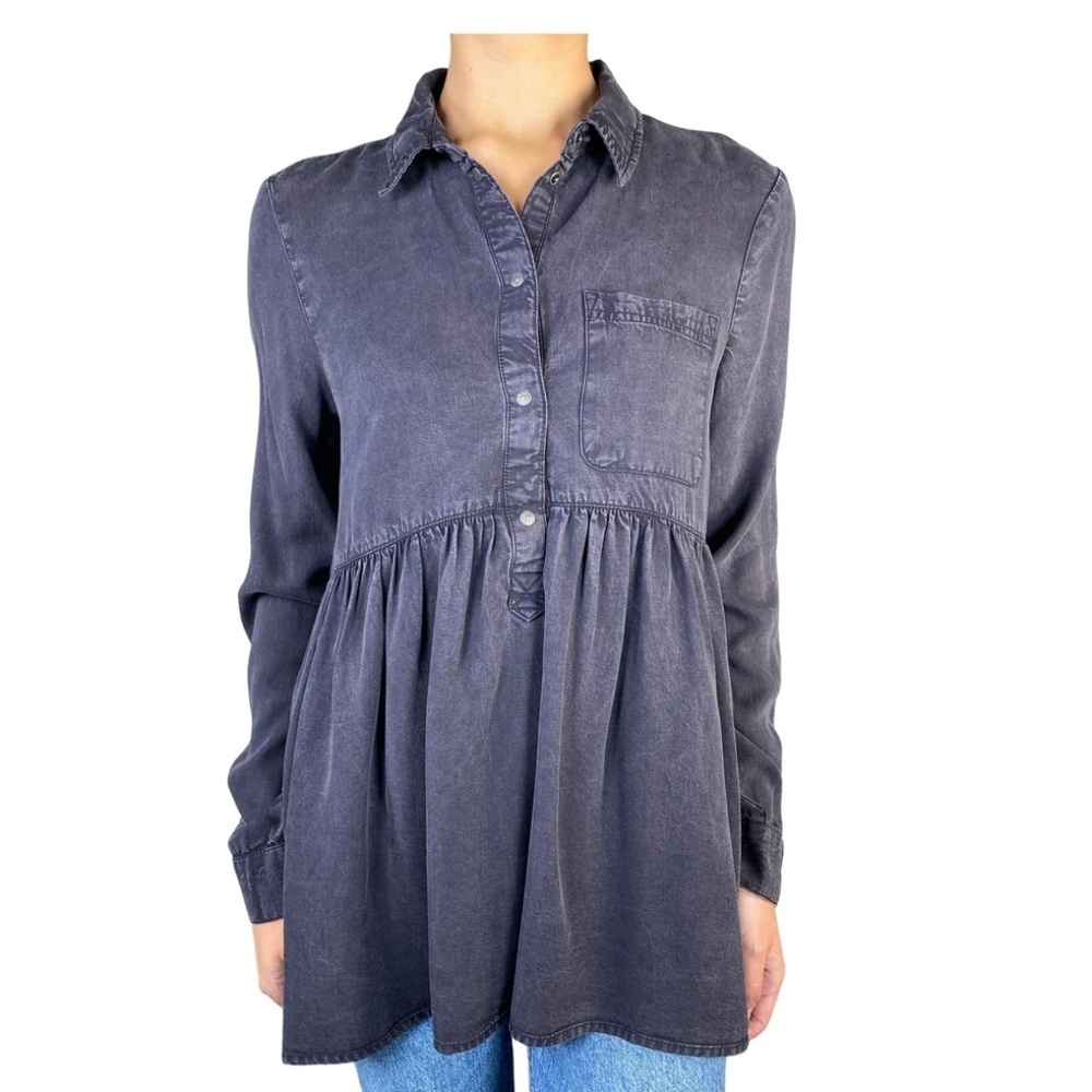 DC Jeans Blouse Half button down Navy Blue Lyocell Empire waist 2X Oversized
